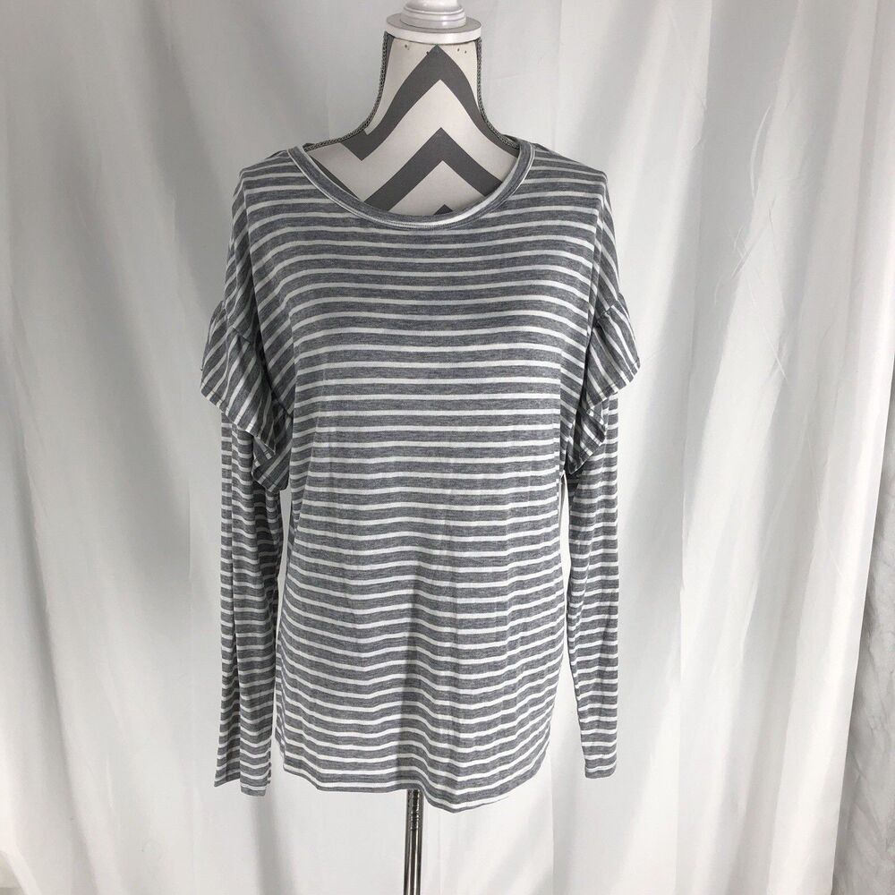 Time And Tru Gray White Striped Long Sleeve Ruffle Shoulder Shirt Top Large